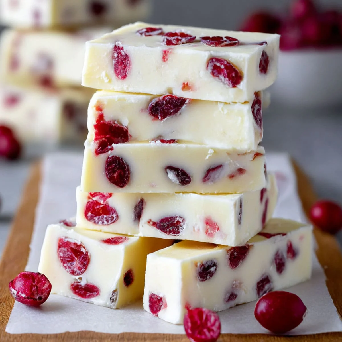 Easy white chocolate cranberry fudge cut into squares on parchment paper