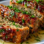 Sliced garlic Parmesan chicken meatloaf served on a rustic wooden board
