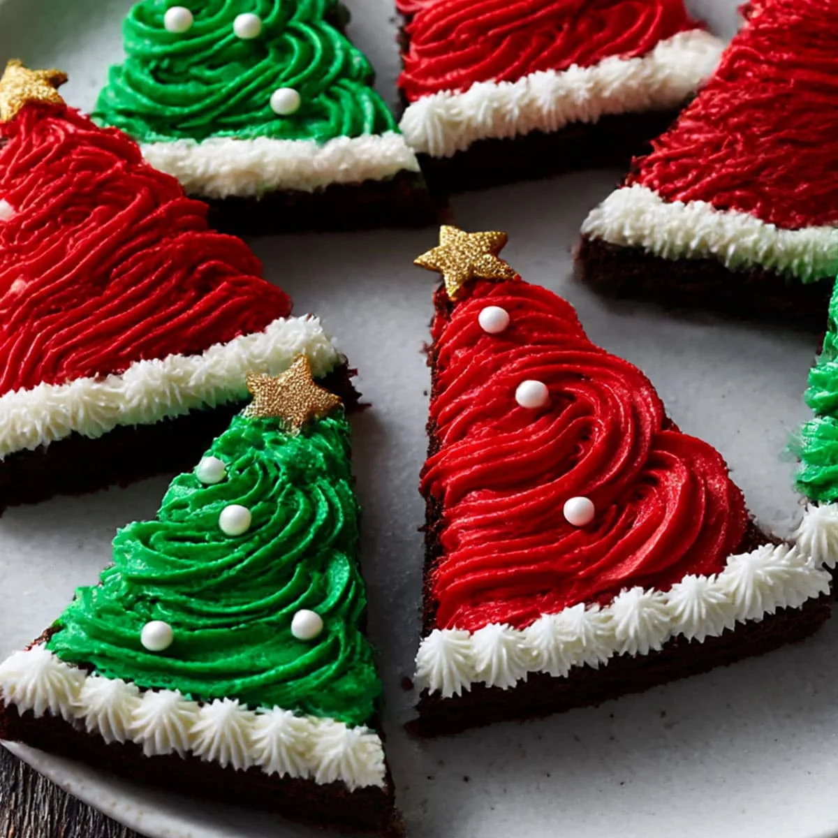 Frosted Christmas Brownies decorated like Christmas trees with green frosting and white pearl sprinkles