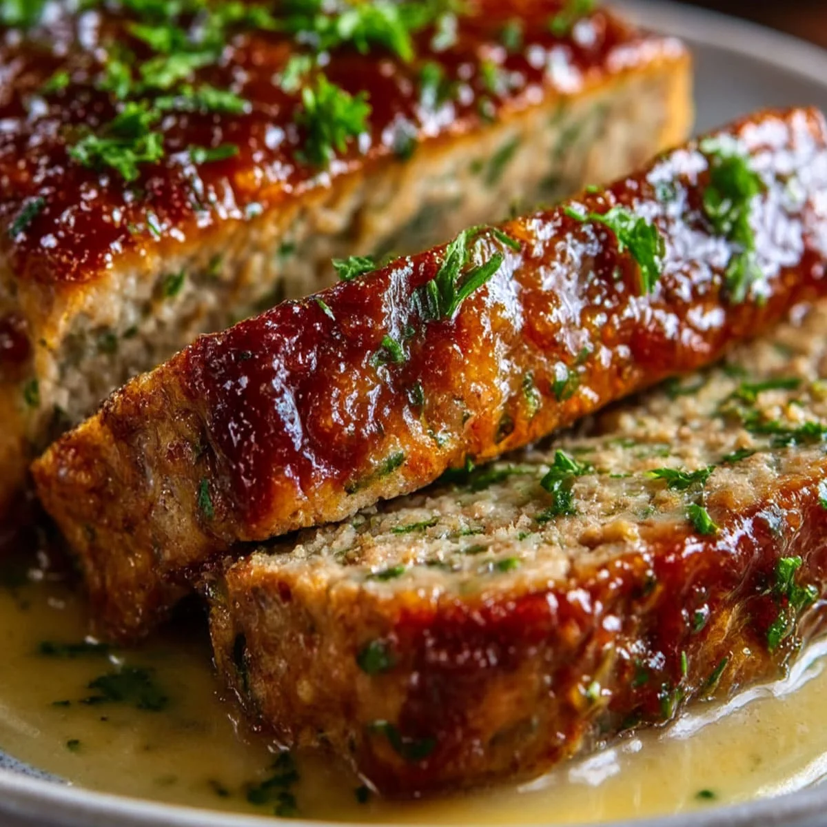 Garlic chicken meatloaf served with mashed potatoes and roasted green beans