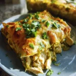 Close-up of Green Chile Chicken Enchiladas topped with melted cheese and cilantro on a plate