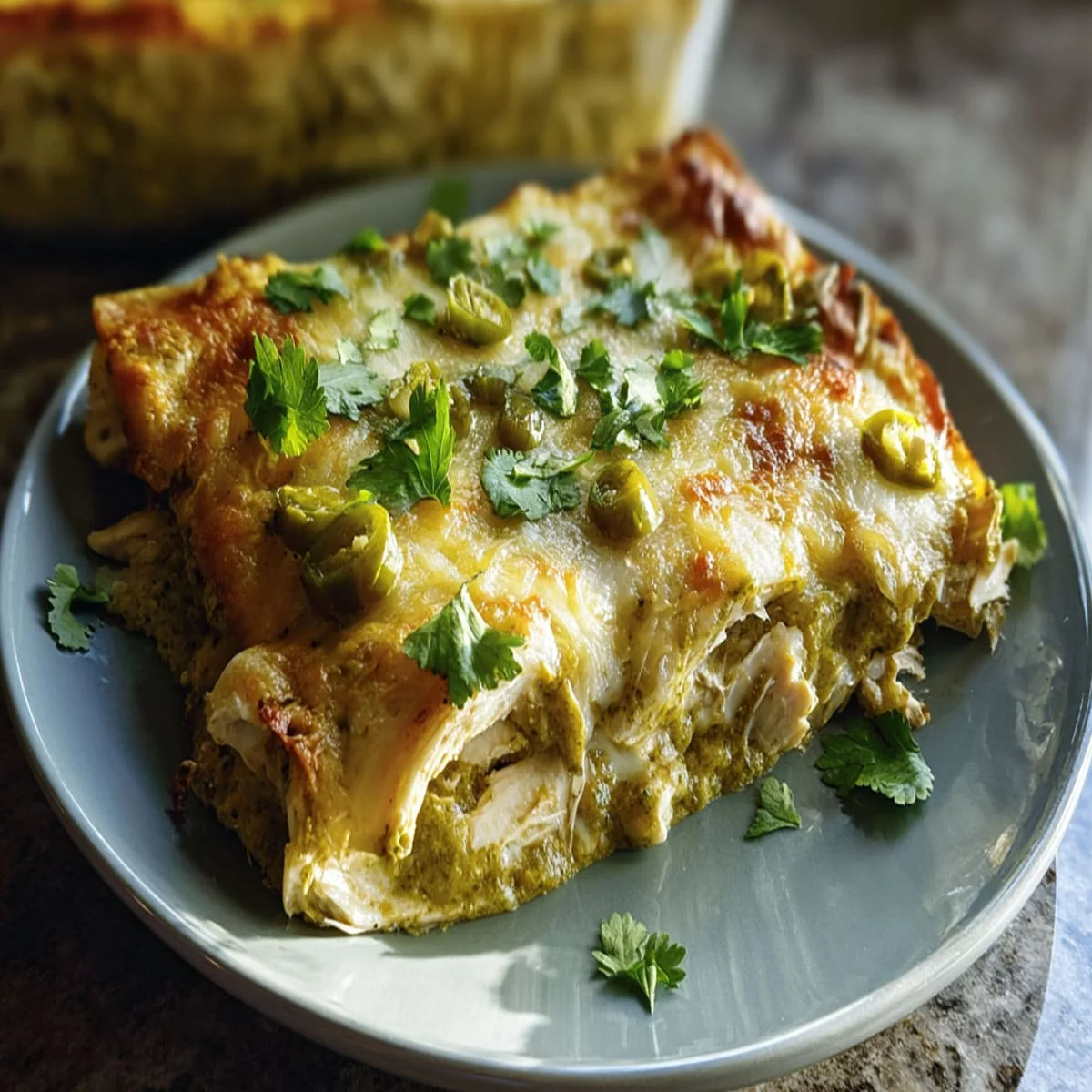 Green Chile Chicken Enchiladas – Easy Family Dinner 68 Served portion of green chile enchiladas with chicken and fresh herbs