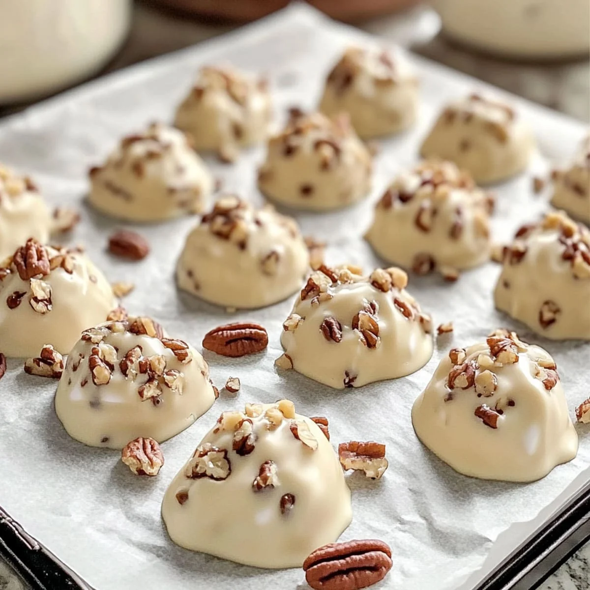 No Bake White Chocolate Pecan Truffles – Gift Ideas 50 Close-up of homemade no bake white chocolate pecan truffles