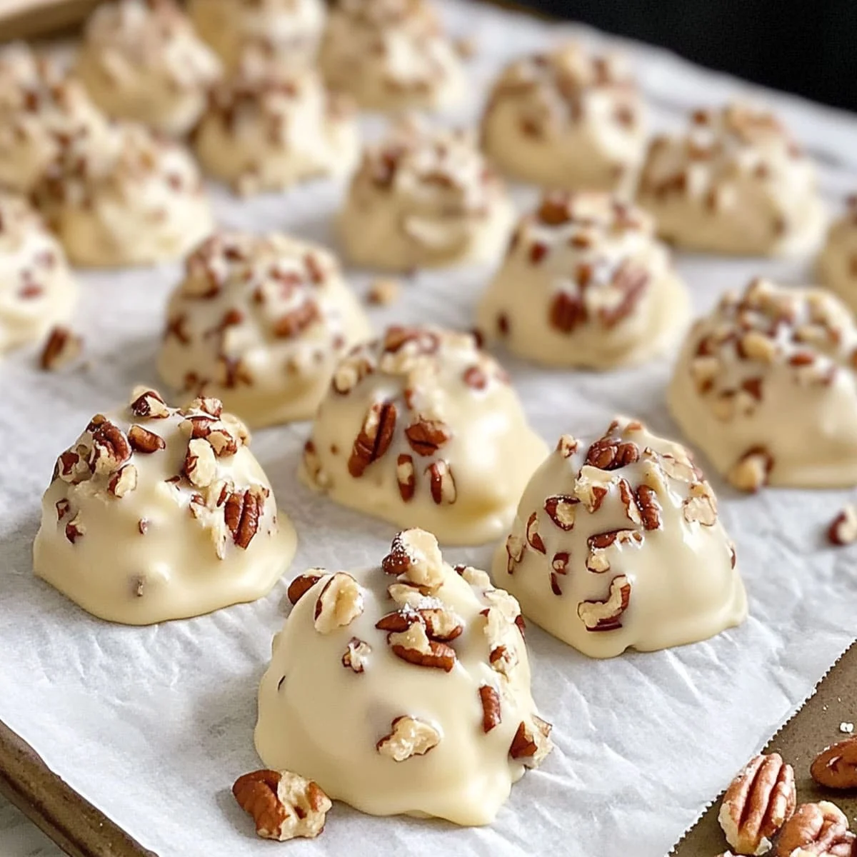 No Bake White Chocolate Pecan Truffles arranged on parchment paper