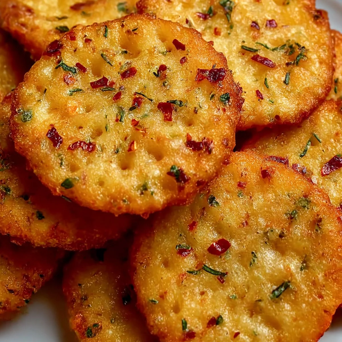 Ritz Crackers topped with melted Parmesan and fresh herbs