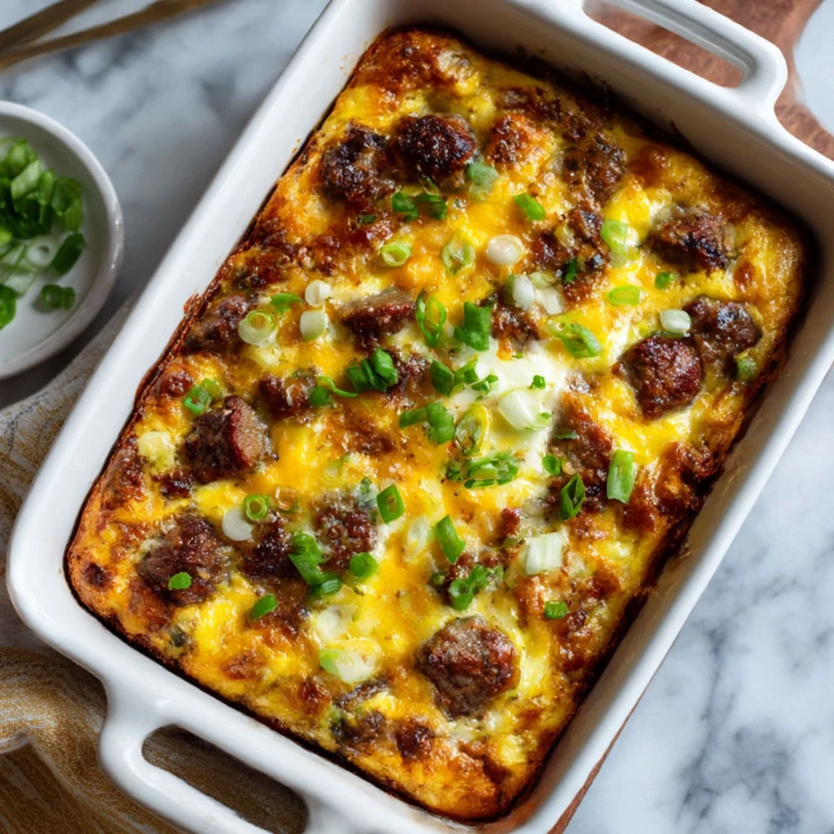 Easy sausage and egg casserole with browned cheese and herbs