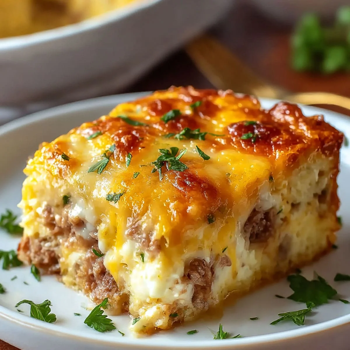 Cheesy sausage and egg casserole slice served on a white plate