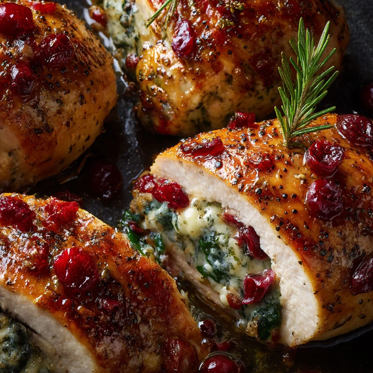 Stuffed Chicken Breast – Easy 40-Minute Recipe 66 Sliced stuffed chicken breast with spinach, cheese, and cranberry glaze, garnished with rosemary