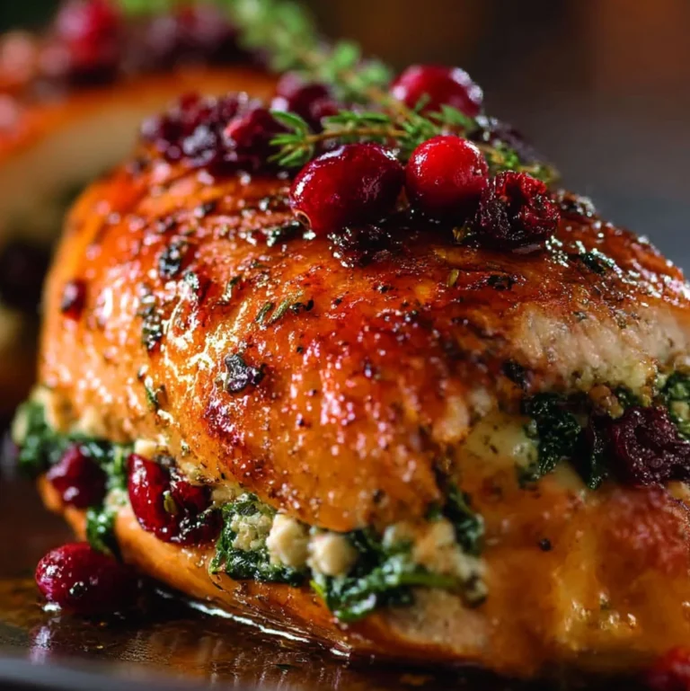 Stuffed chicken breast with creamy spinach filling and cranberry glaze