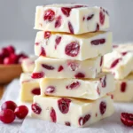 Stack of creamy white chocolate cranberry fudge with dried cranberries