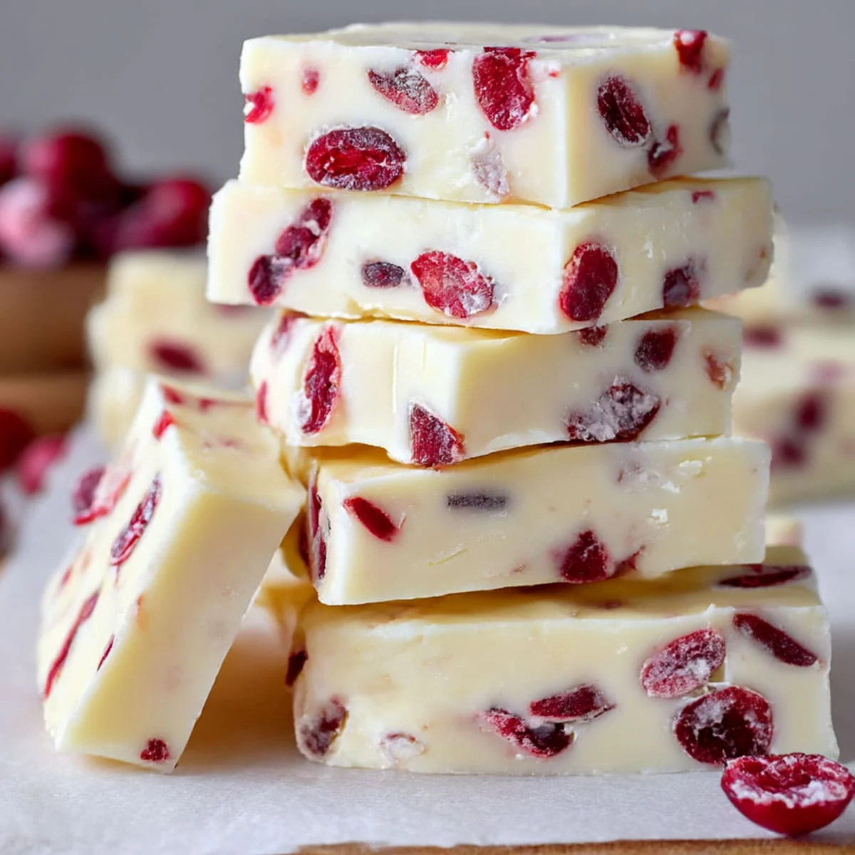 Stack of white chocolate cranberry fudge with vibrant dried cranberries