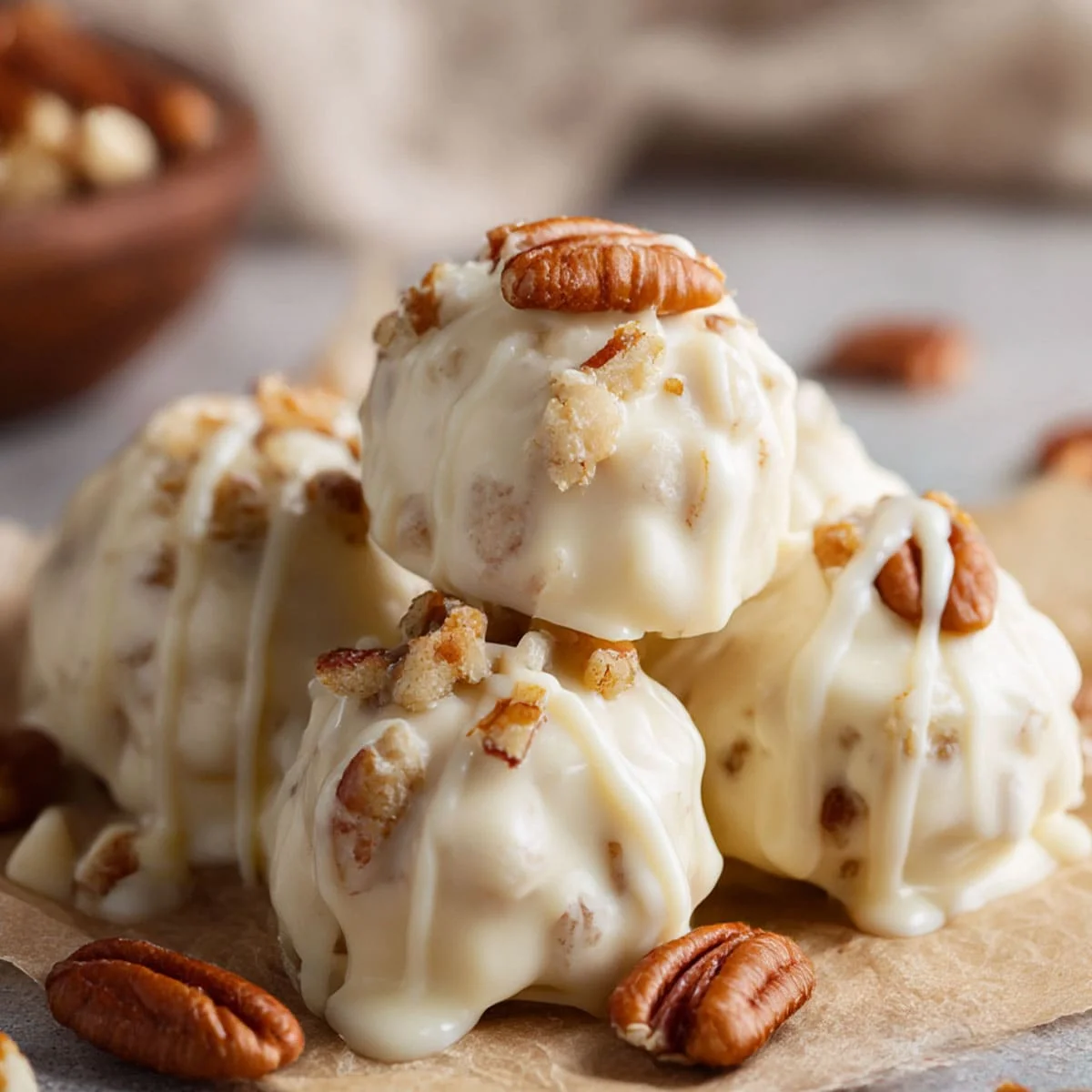 No Bake White Chocolate Pecan Truffles – Gift Ideas 49 Holiday dessert idea featuring no bake white chocolate pecan truffles