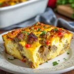 Sausage and egg casserole with melted cheddar and golden baked top