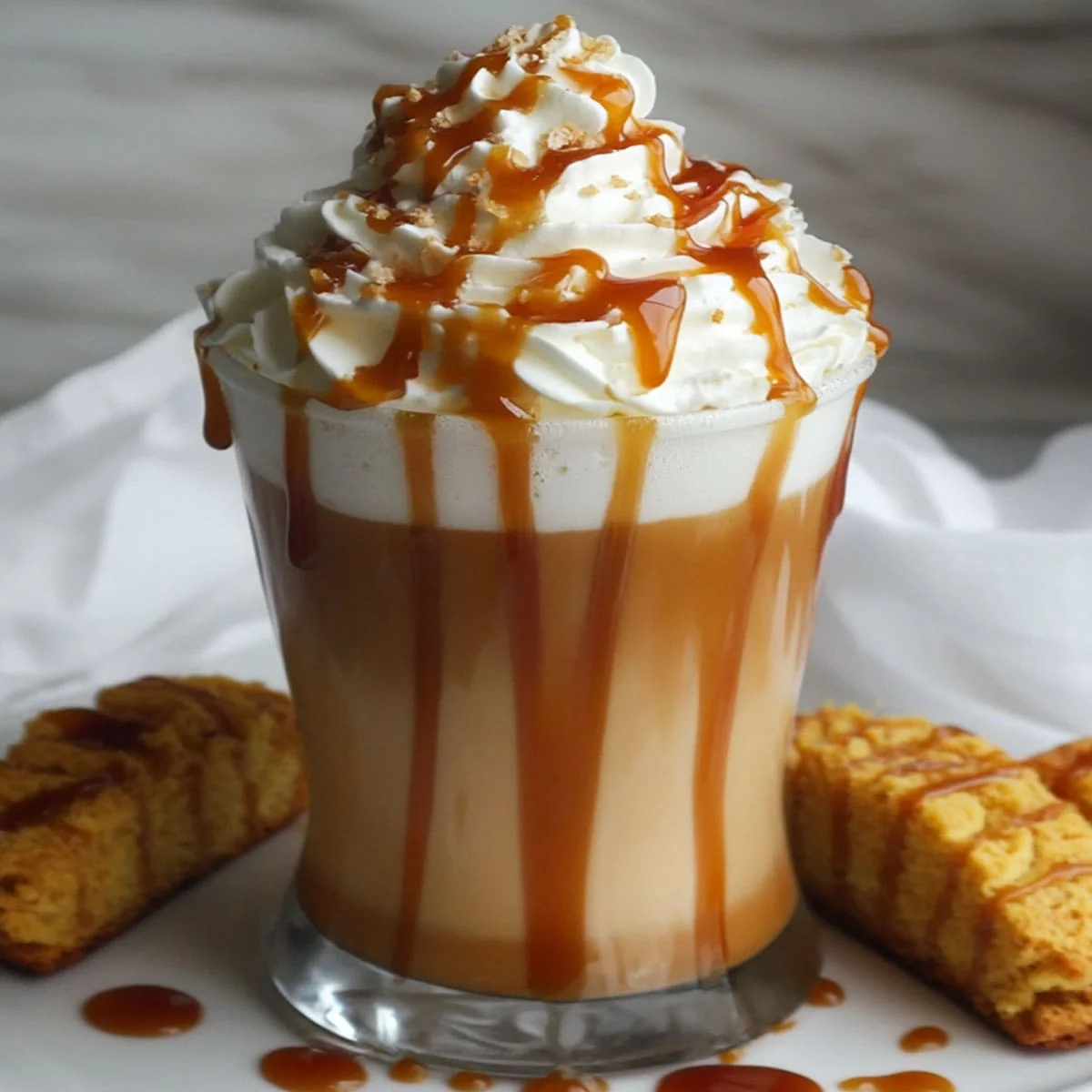 Chai tea latte topped with whipped cream and caramel drizzle, served with biscotti