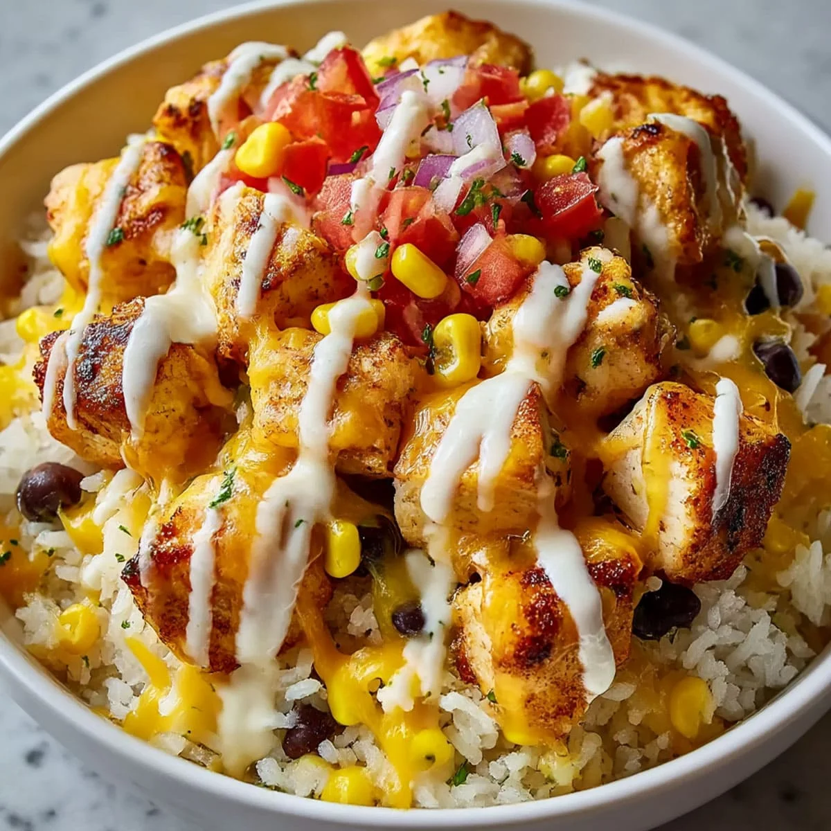 One-pot cheesy Southwest chicken and rice with black beans, corn, and creamy drizzle