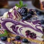 Slice of White Chocolate Blueberry Cheesecake with fresh berries and decorative swirls