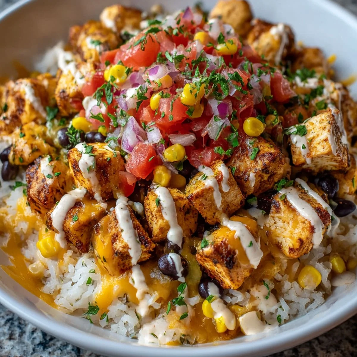 Southwest chicken and rice with black beans, corn, pico de gallo, and ranch drizzle