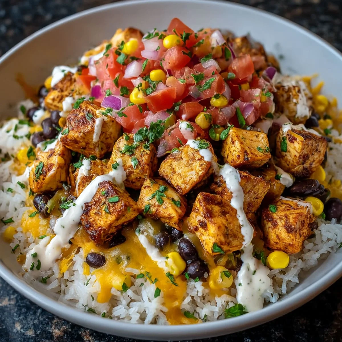 Close-up of cheesy Southwest chicken and rice bowl topped with corn and tomato salsa