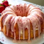 Strawberry Cream Cheese Pound Cake with strawberry glaze dripping down a bundt cake