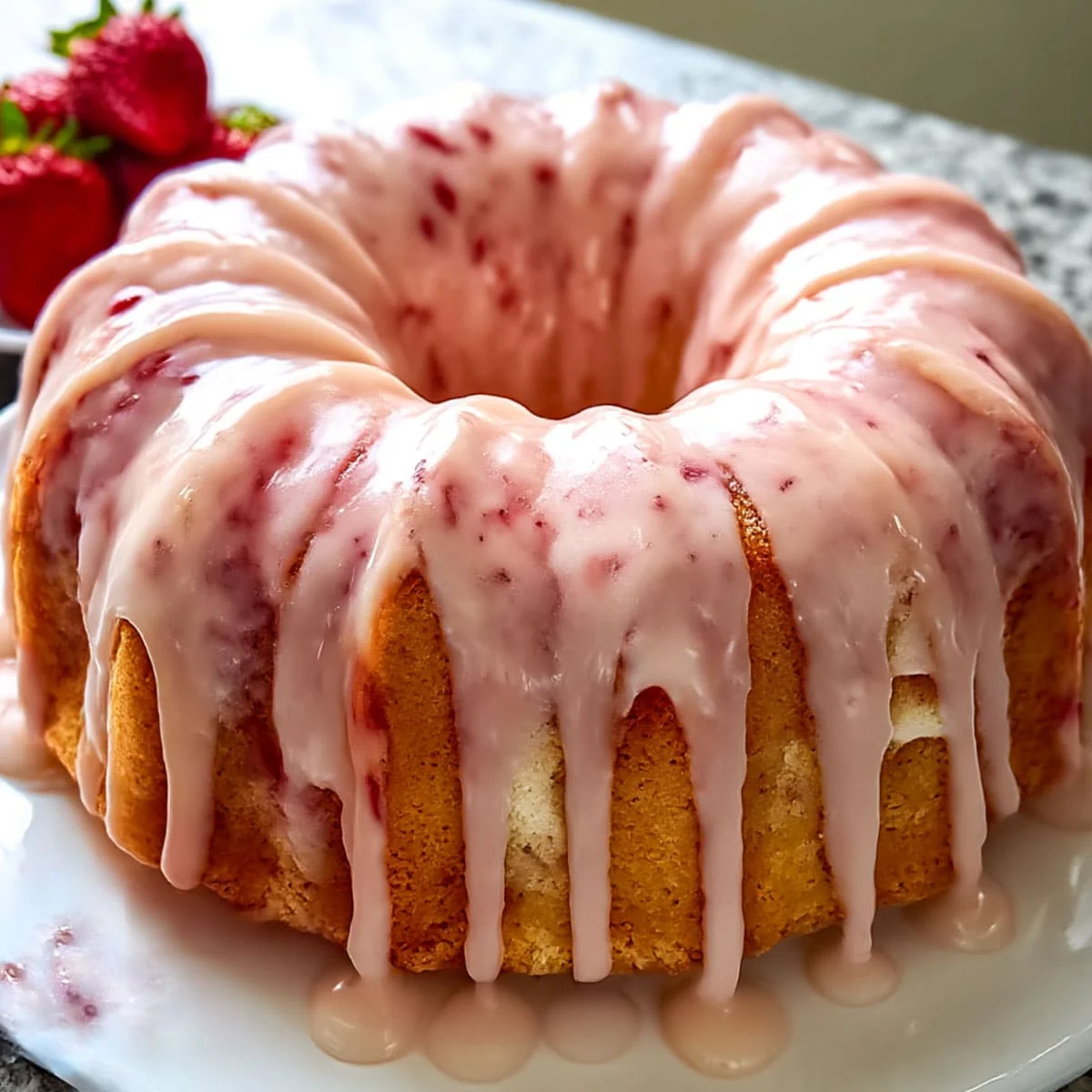 Strawberry Cream Cheese Pound Cake with strawberry glaze dripping down a bundt cake