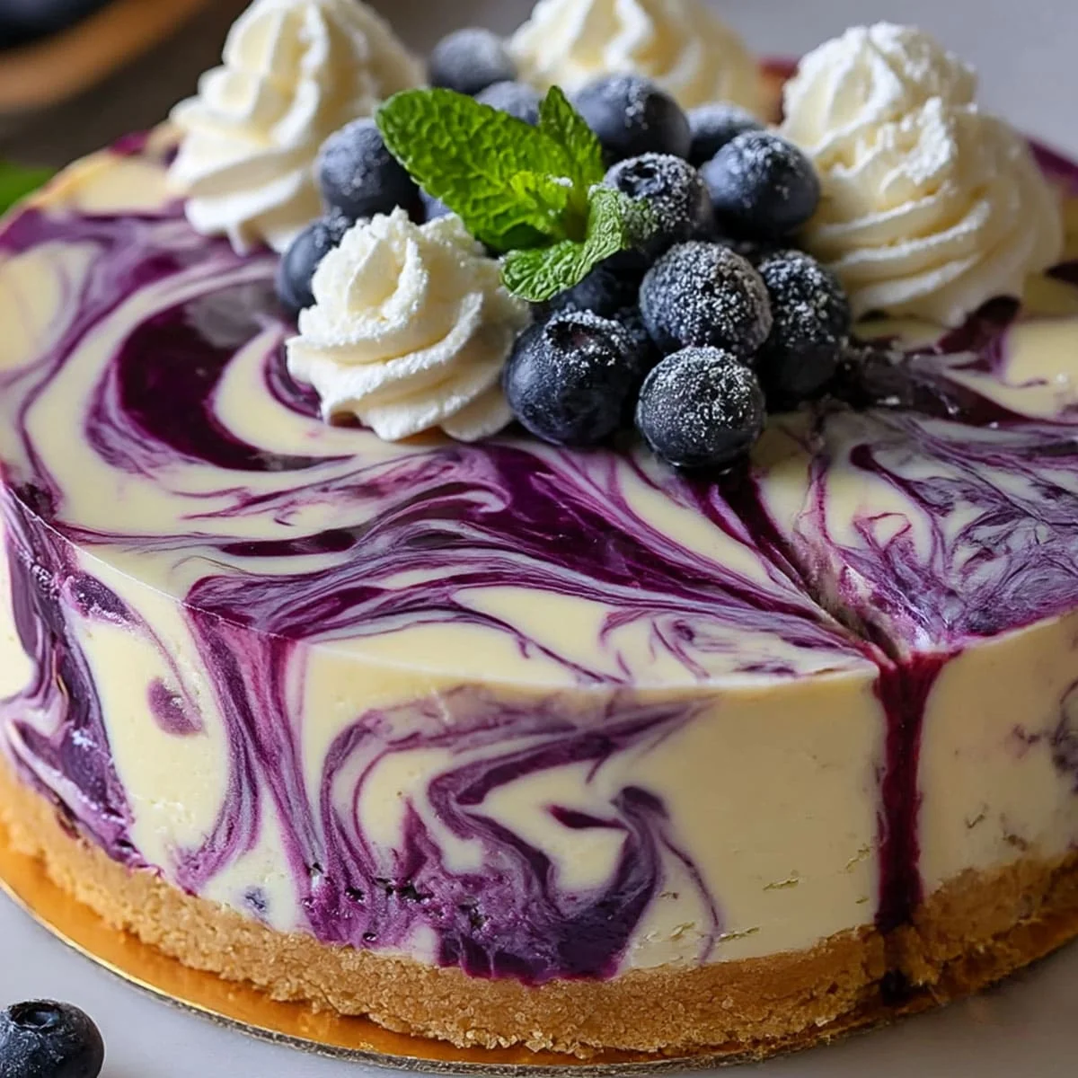 White Chocolate Blueberry Cheesecake with blueberry swirl, whipped cream, and fresh mint garnish