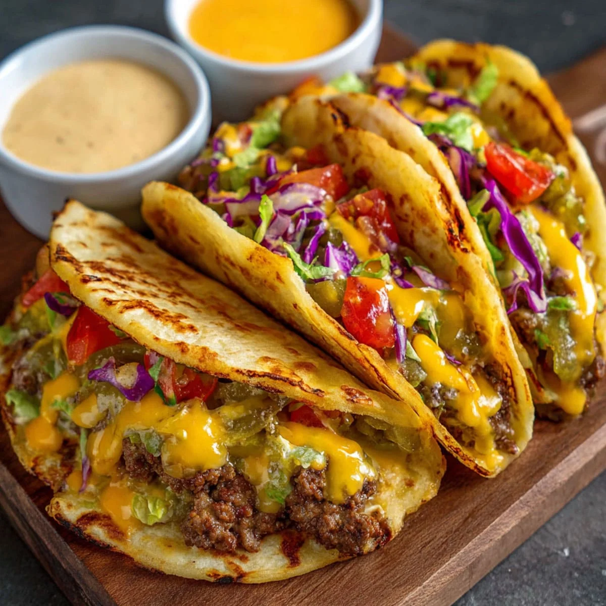 Gooey Smash Burger Tacos with crispy tortillas and melted cheese