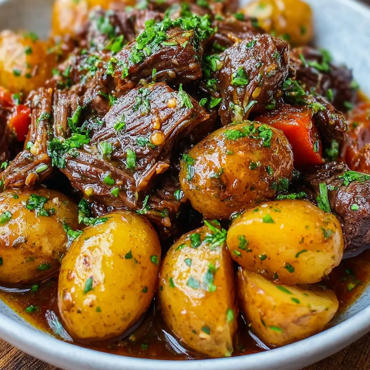 Garlic Butter Beef and Potatoes close-up with tender chuck roast chunks and baby potatoes in a rich garlic-herb butter sauce