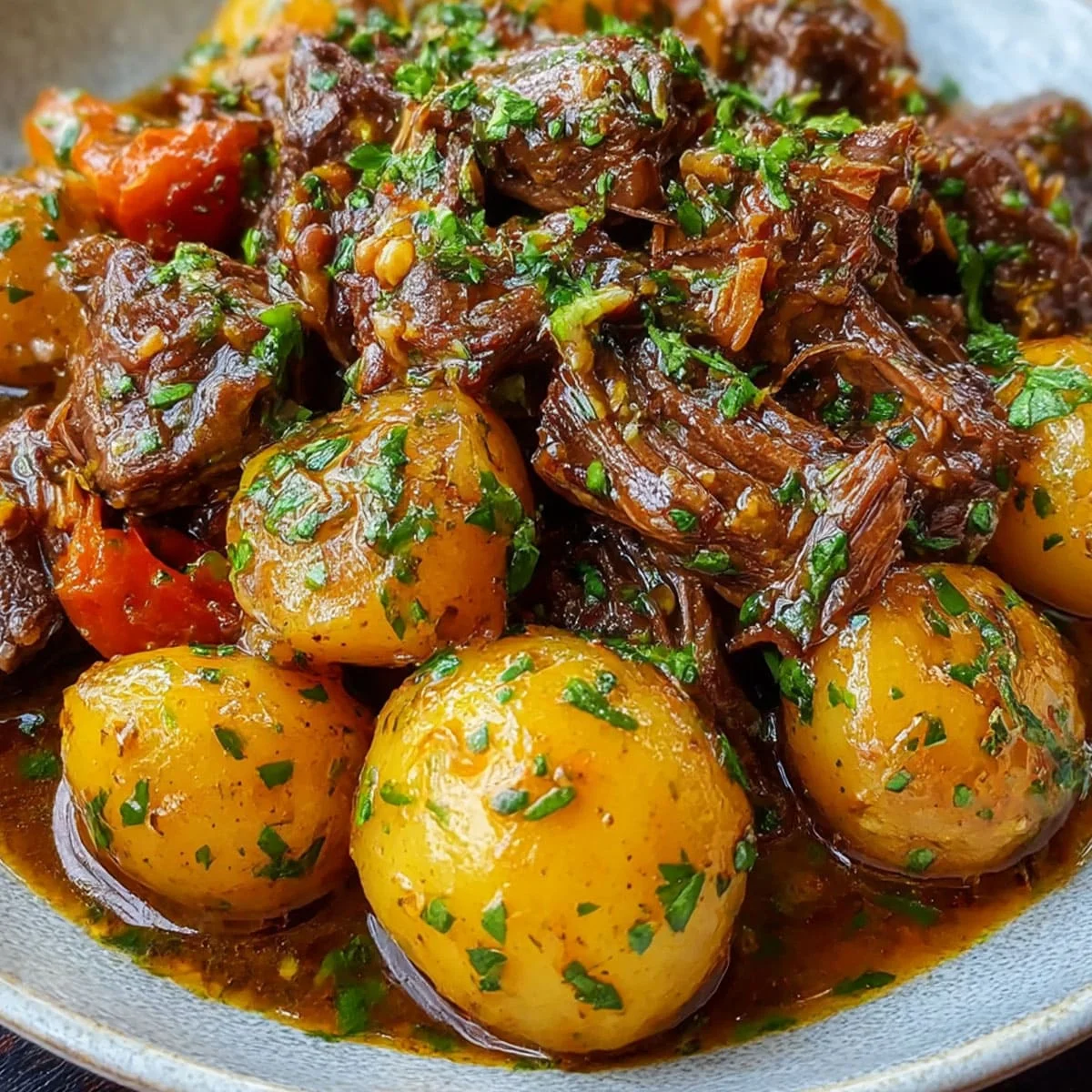 Garlic Butter Beef and Potatoes in a bowl with carrots, herbs, and creamy baby Yukon Gold potatoes coated in garlic butter sauce