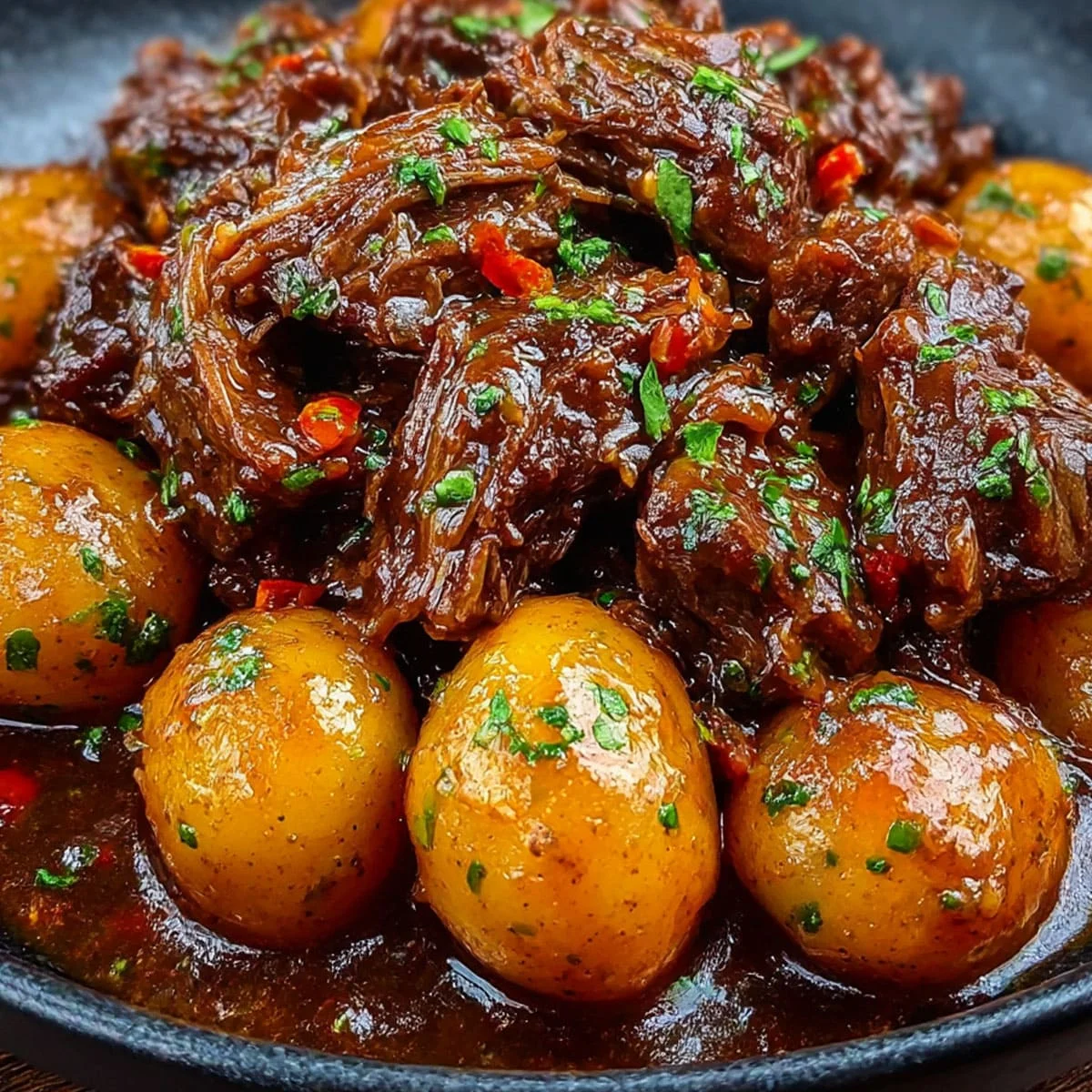 Garlic Butter Beef and Potatoes hero image with fork-tender beef, golden baby potatoes, and parsley in a savory garlic butter broth