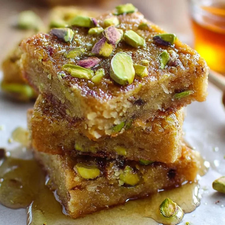Brown Butter Pistachio Cookie Bars stacked with honey drizzle and pistachio topping