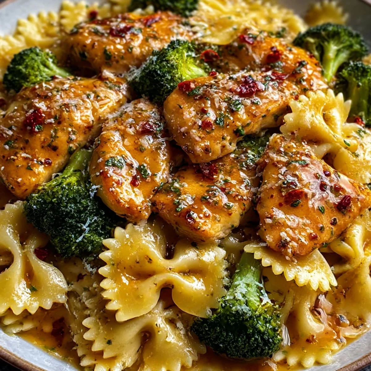 Cowboy Butter Lemon Bowtie Chicken with broccoli in creamy lemon garlic sauce