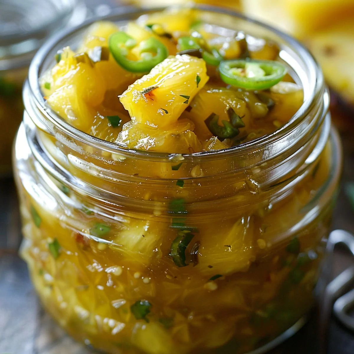 Homemade Jalapeño Pineapple Cowboy Candy in jar with tender pineapple and mild jalapeño slices