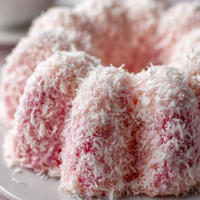 Raspberry coconut snowball cake with soft pink crumb and shredded coconut coating