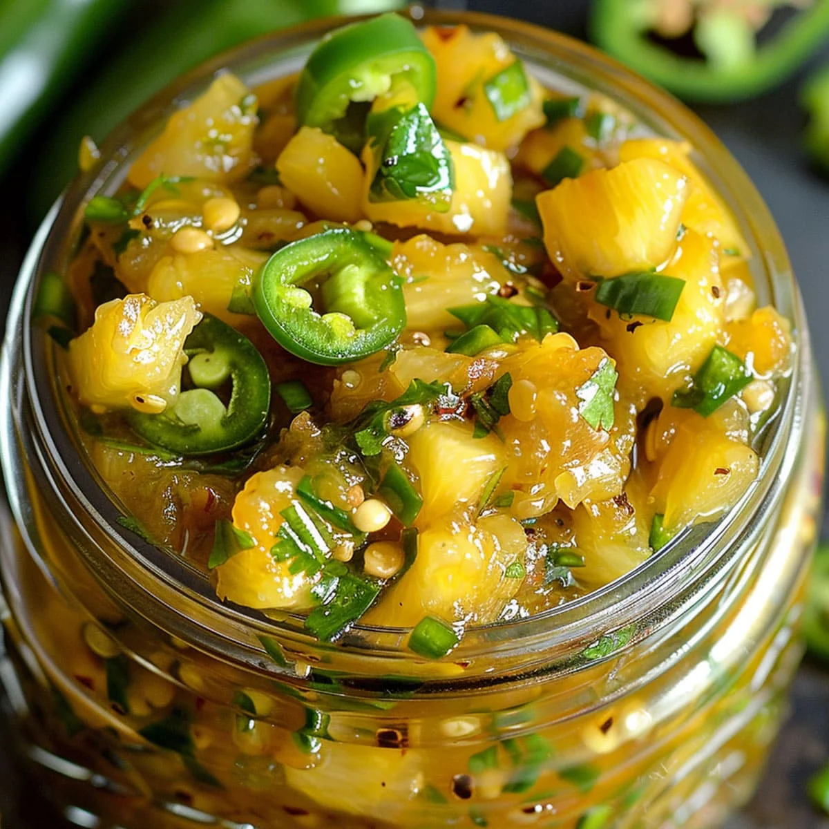 Jalapeño Pineapple Cowboy Candy with glossy pineapple chunks and sliced jalapeños in sweet spicy syrup