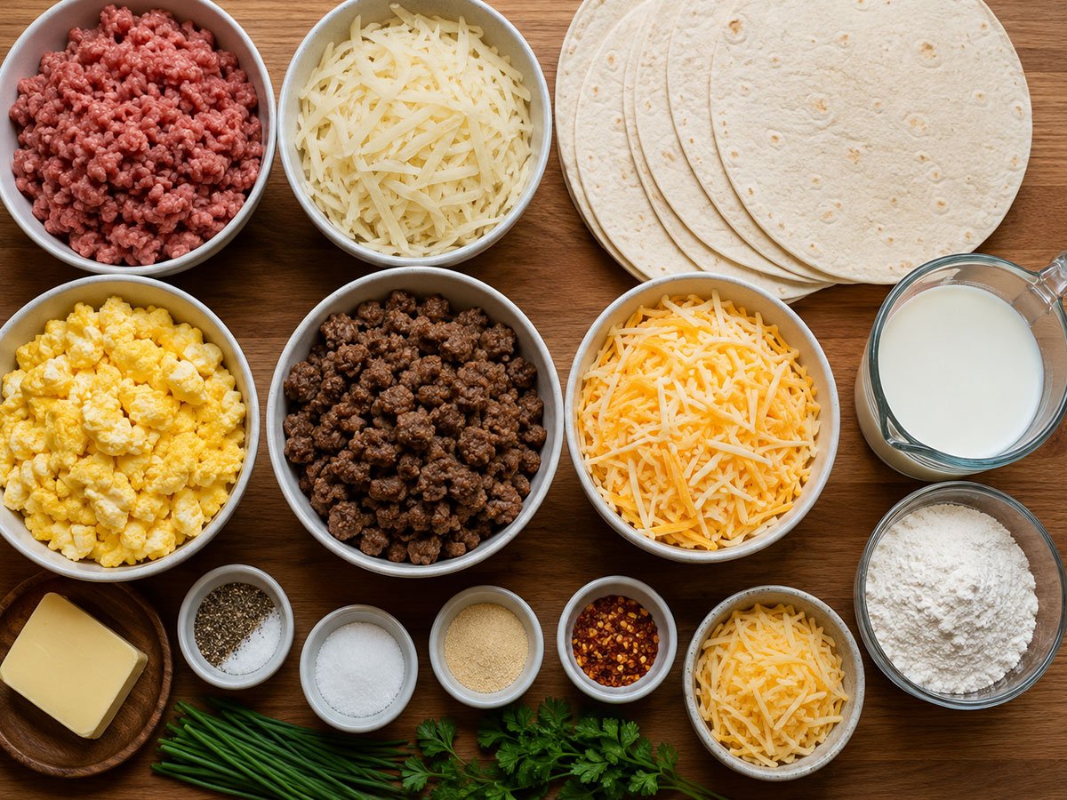 Breakfast Enchiladas with Sausage Gravy ingredients including tortillas, sausage, eggs, cheese, milk, flour, and herbs.