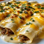 Breakfast Enchiladas with Sausage Gravy covered in creamy sausage gravy, melted cheese, and fresh herbs.