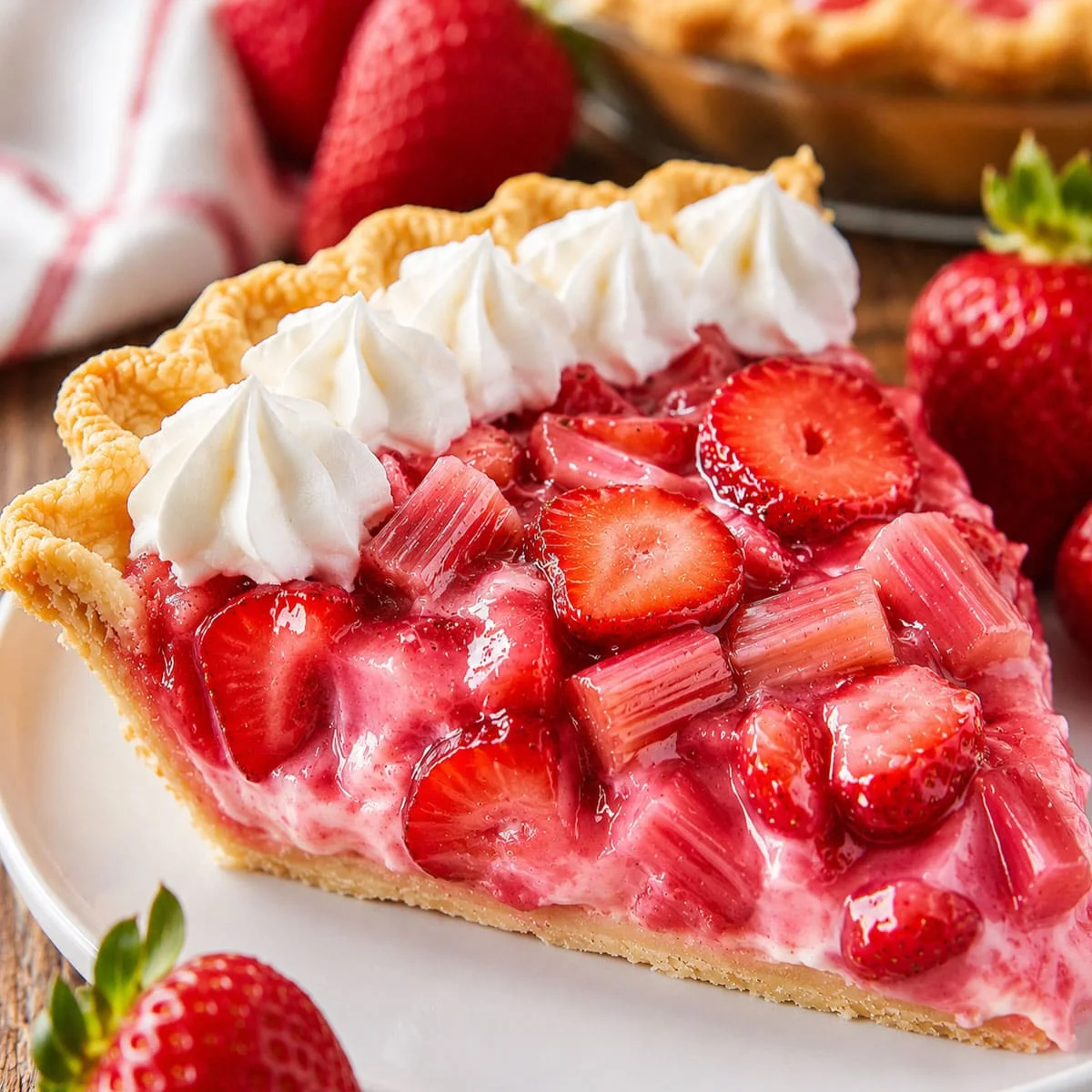 Strawberry Rhubarb Pie slice with glossy strawberries, chunky rhubarb, creamy pink filling, whipped cream, and flaky crust
