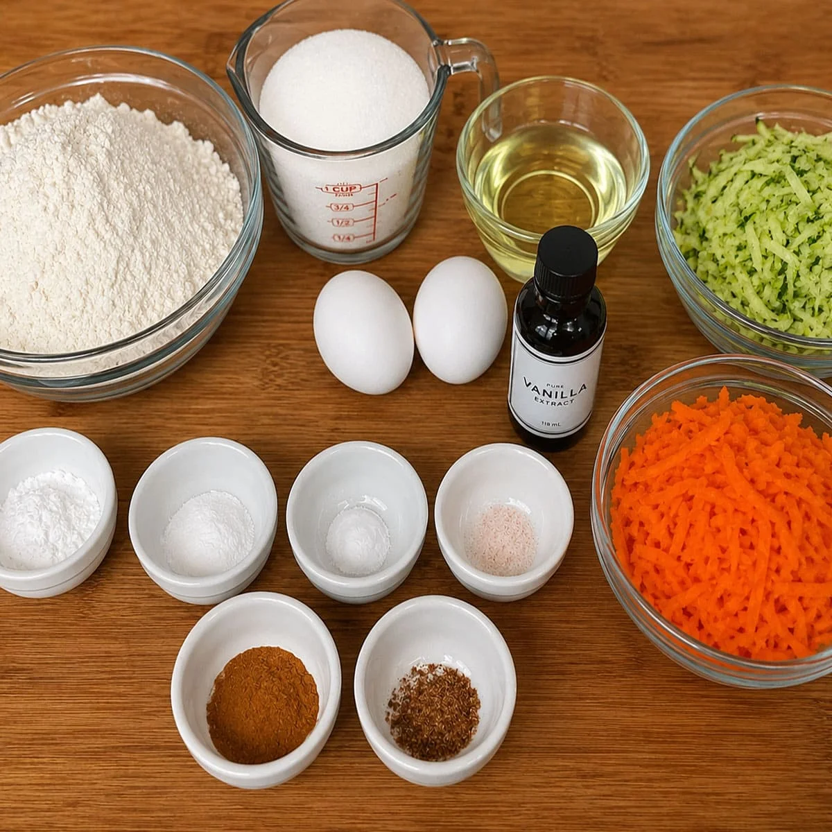 Carrot Zucchini Muffins ingredients with flour, sugar, eggs, oil, vanilla, grated carrots, zucchini, and spices.