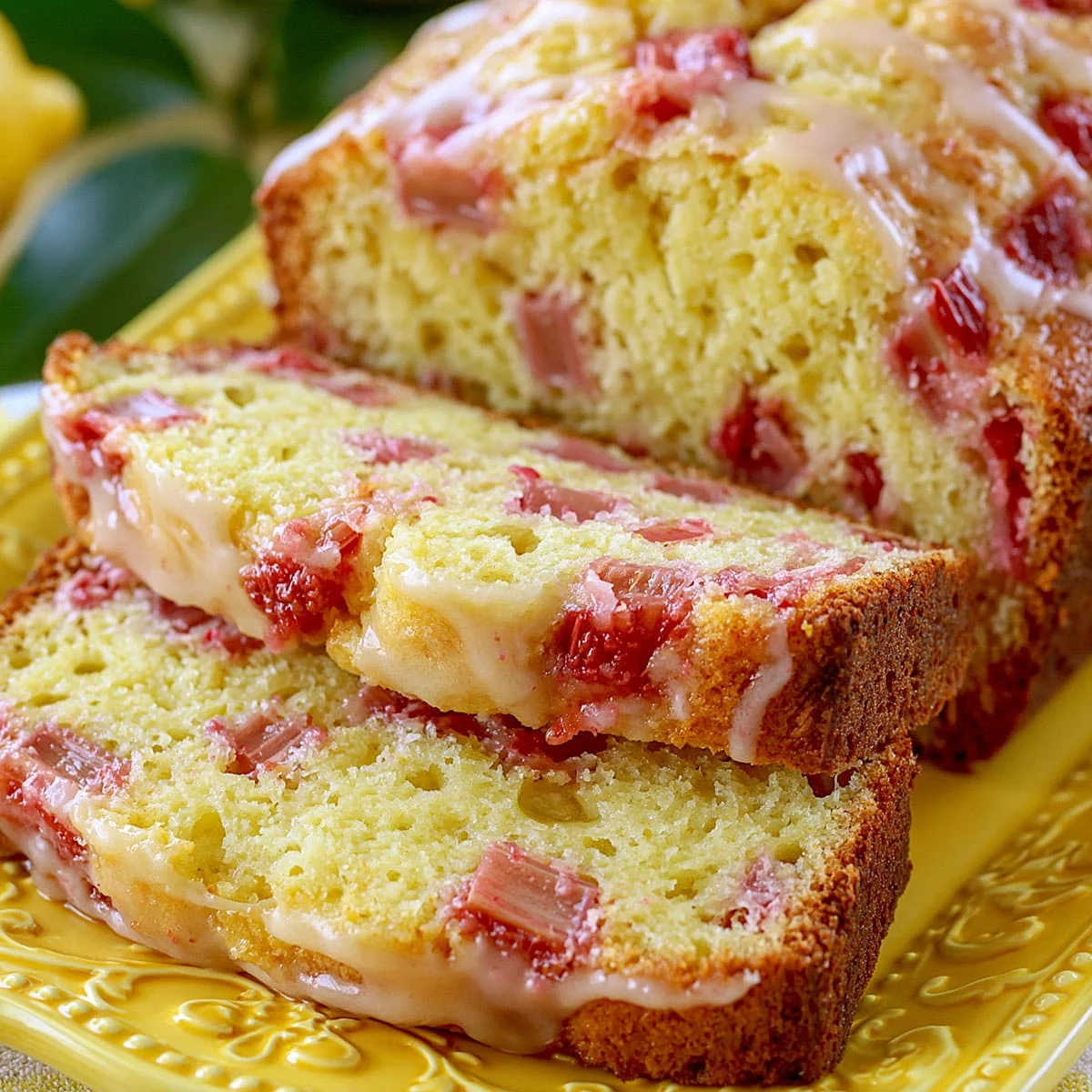 Lemon Rhubarb Bread: Easy Moist Loaf Cake for Brunch 86 Lemon Rhubarb Bread with thick glossy glaze, tender golden slices, and bright pink rhubarb pieces on a yellow plate.