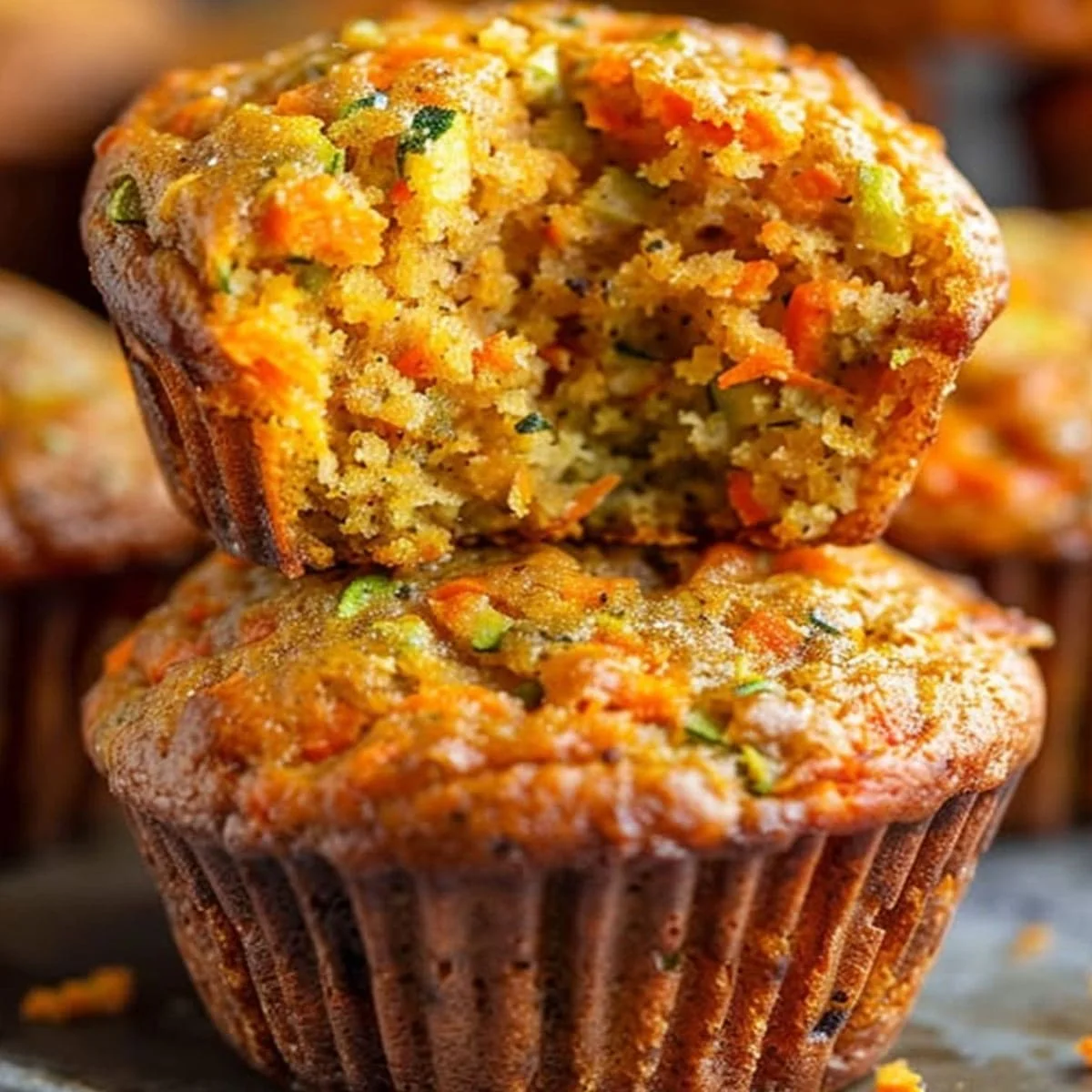 Carrot Zucchini Muffins with a moist golden crumb, grated carrots, zucchini flecks, and warm cinnamon spice.