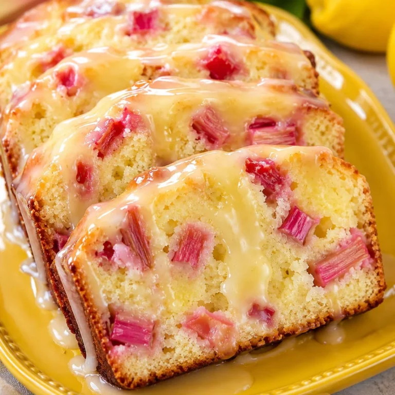 Lemon Rhubarb Bread sliced on a yellow plate with glossy lemon glaze, pink rhubarb pieces, and fresh lemons in the background.