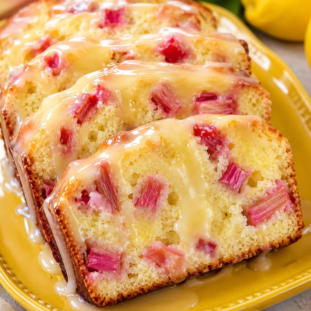 Lemon Rhubarb Bread sliced on a yellow plate with glossy lemon glaze, pink rhubarb pieces, and fresh lemons in the background.