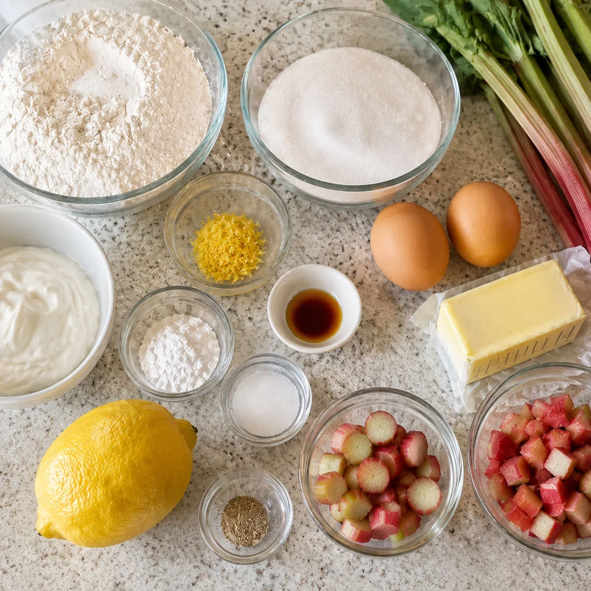 Lemon Rhubarb Bread: Easy Moist Loaf Cake for Brunch 85 Lemon Rhubarb Bread ingredients with flour, sugar, butter, eggs, sour cream, lemon zest, vanilla, and fresh rhubarb.