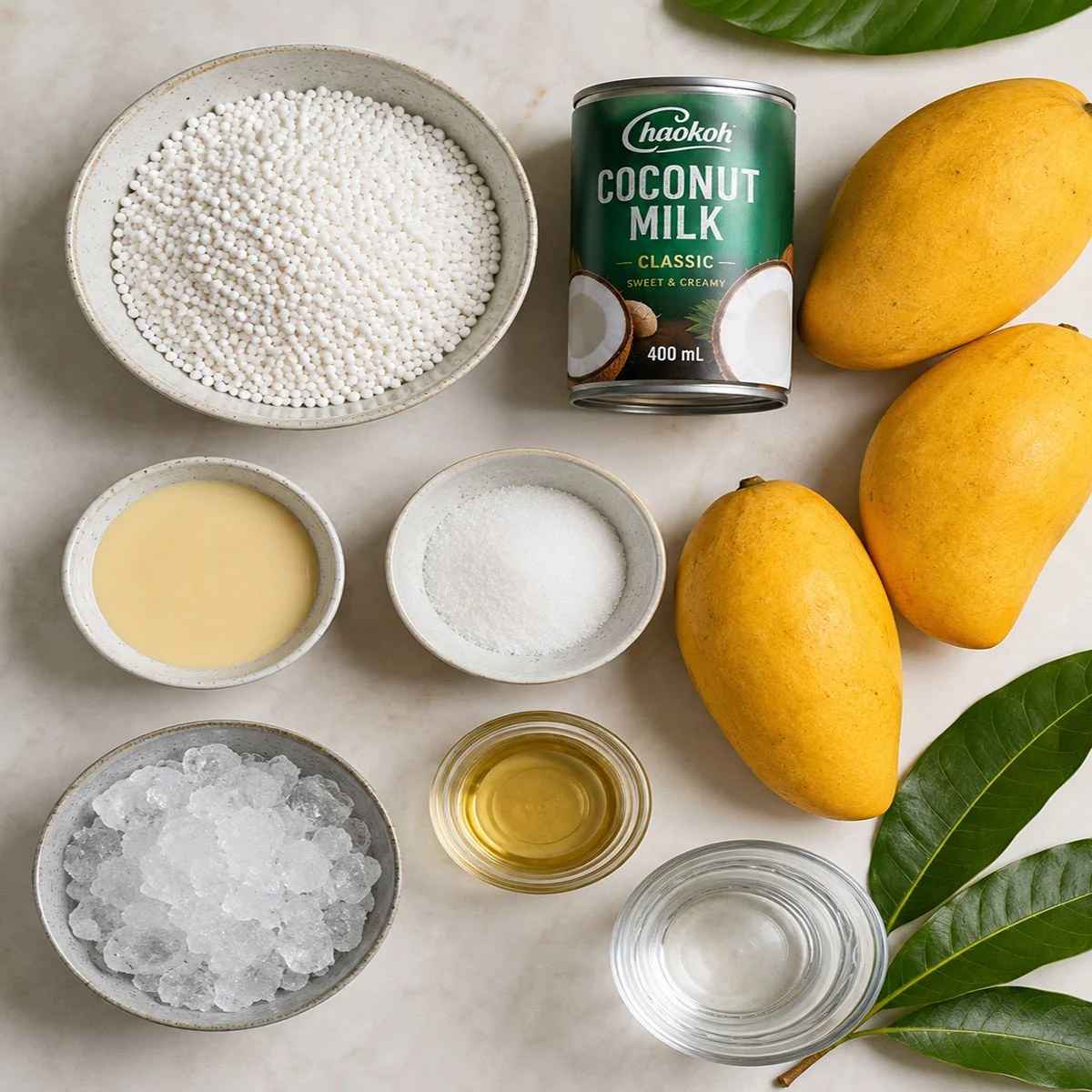 Refreshing Mango Sago Dessert ingredients with ripe yellow mangoes, coconut milk, mini tapioca pearls, condensed milk, sugar, ice, and water.