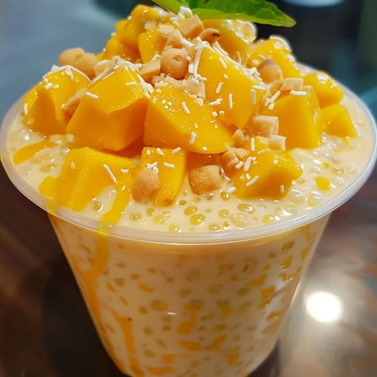 Refreshing Mango Sago Dessert served cold in a cup with ripe mango cubes, creamy coconut milk, chewy tapioca pearls, and tropical garnish.