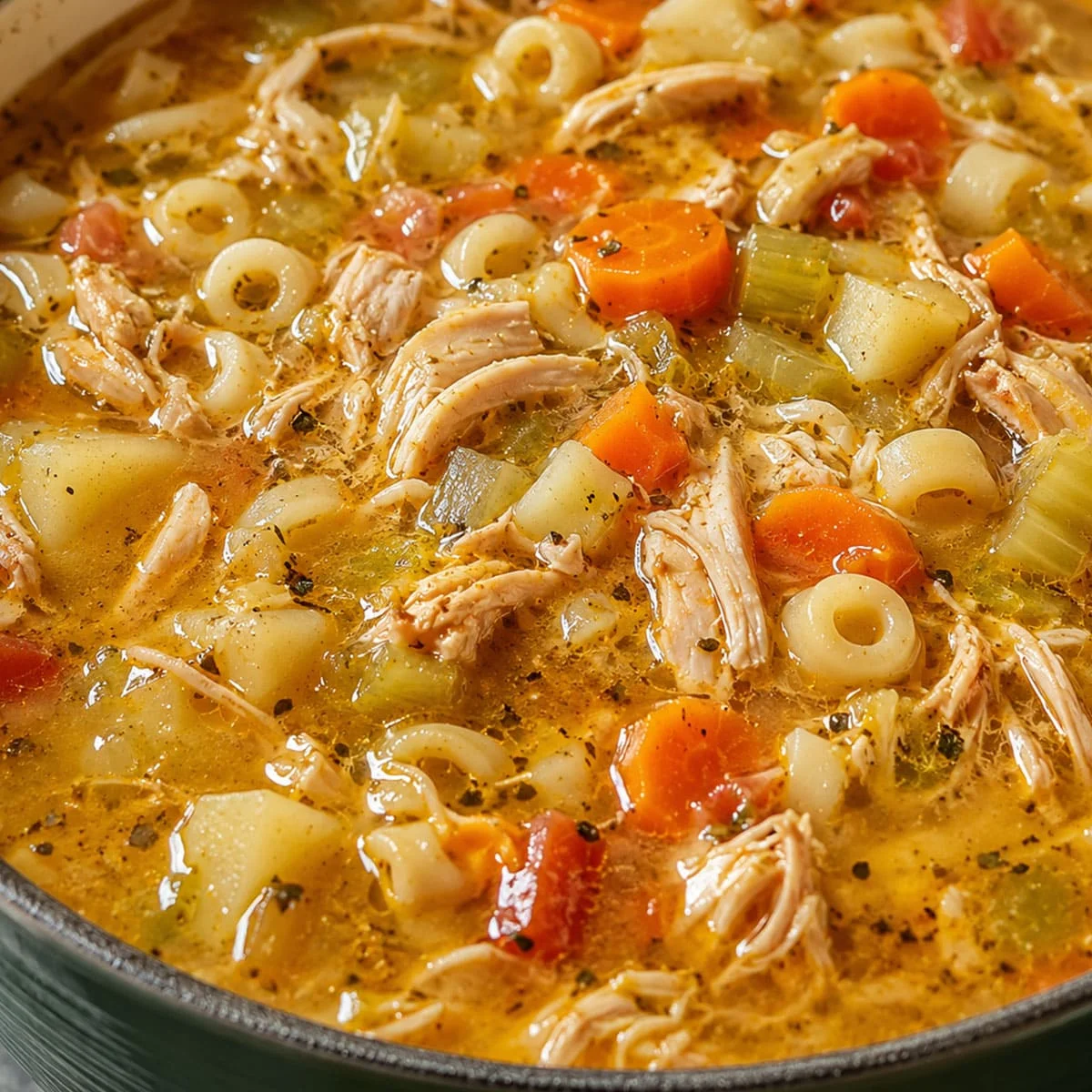 Copycat Carrabba’s Spicy Sicilian Chicken Soup with shredded chicken, ditali pasta, carrots, celery, potatoes, tomatoes, and golden spicy broth.