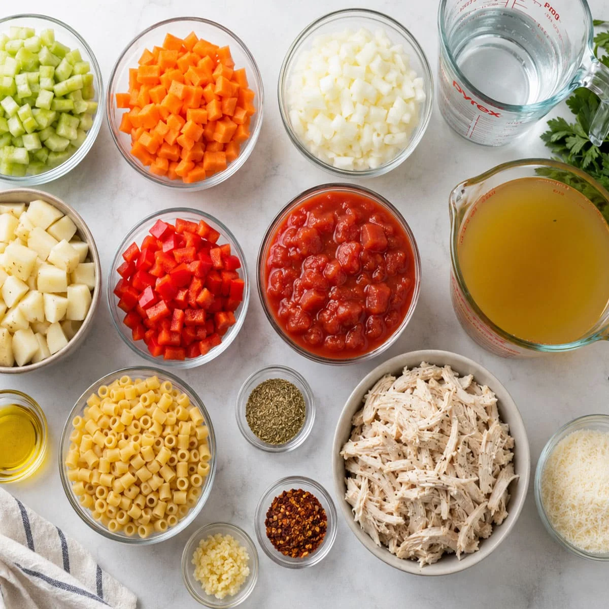 Copycat Carrabba’s Spicy Sicilian Chicken Soup 88 Copycat Carrabba’s Spicy Sicilian Chicken Soup ingredients with diced celery, carrots, onion, potatoes, red pepper, tomatoes, broth, chicken, pasta, herbs, garlic, and Parmesan.