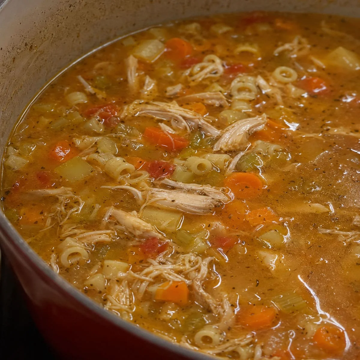 Copycat Carrabba’s Spicy Sicilian Chicken Soup 89 Copycat Carrabba’s Spicy Sicilian Chicken Soup simmering in a Dutch oven with shredded chicken, ditali pasta, carrots, potatoes, tomatoes, celery, and herbs.