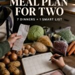 Budget meal plan for two with affordable groceries, a receipt, and a seven-day planner headline