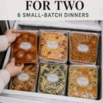 Six small-batch freezer dinners for two arranged in an open freezer drawer with headline
